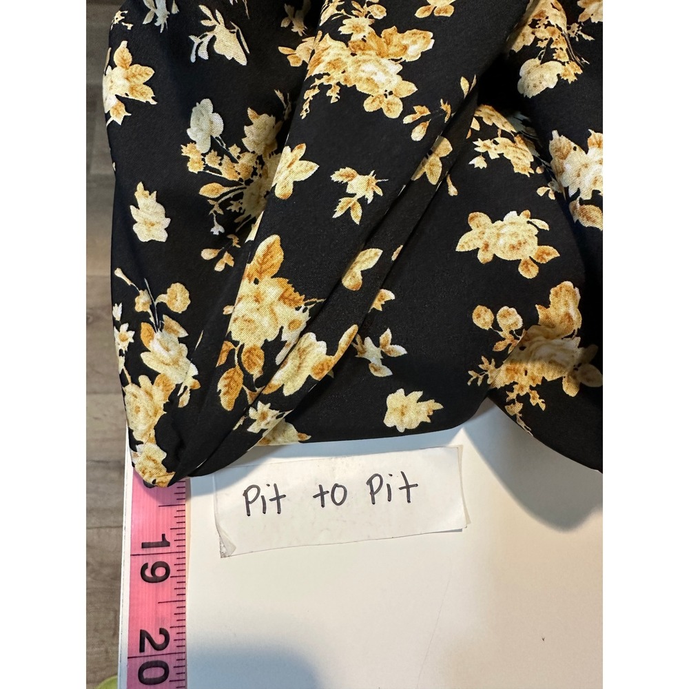 Floral Midi Dress Black Yellow Cottagecore Long Balloon Sleeve Slit L Babydoll - Picture 8 of 12